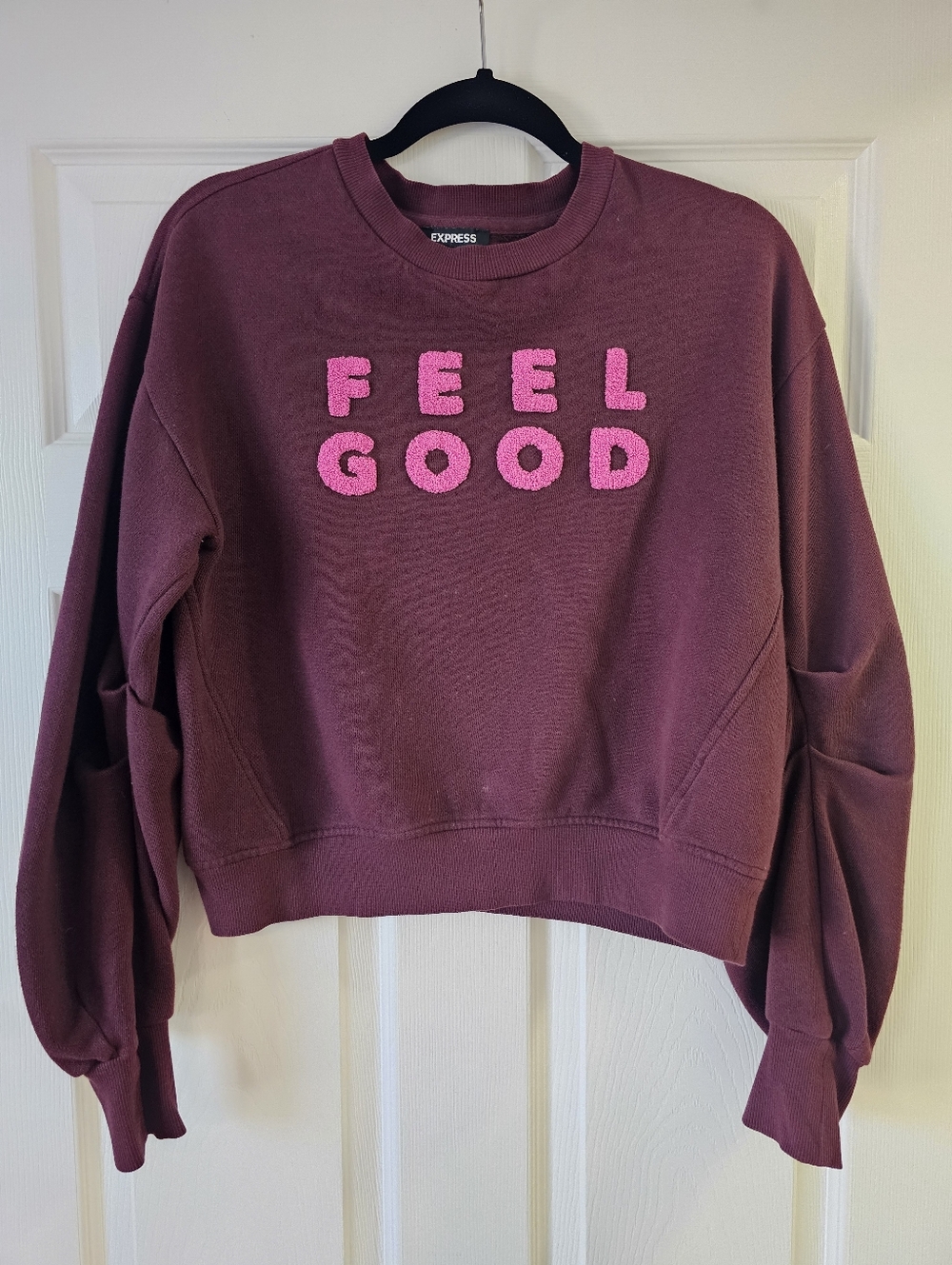 Express Plum Crewneck Sweatshirt with Pink Fuzzy Lettering